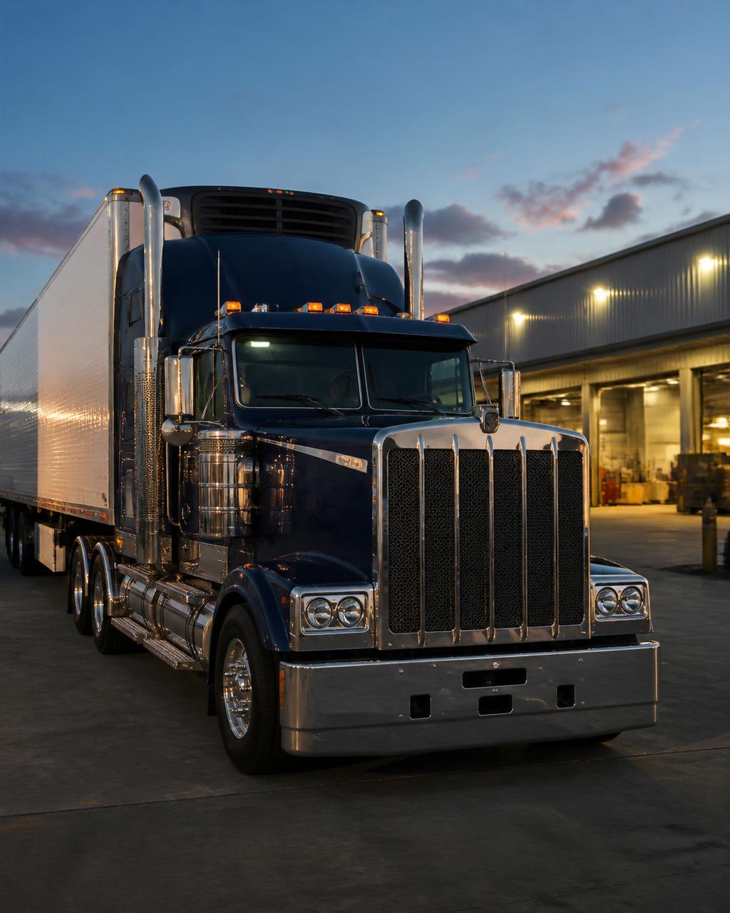Refrigerated prime mover at depot at dusk