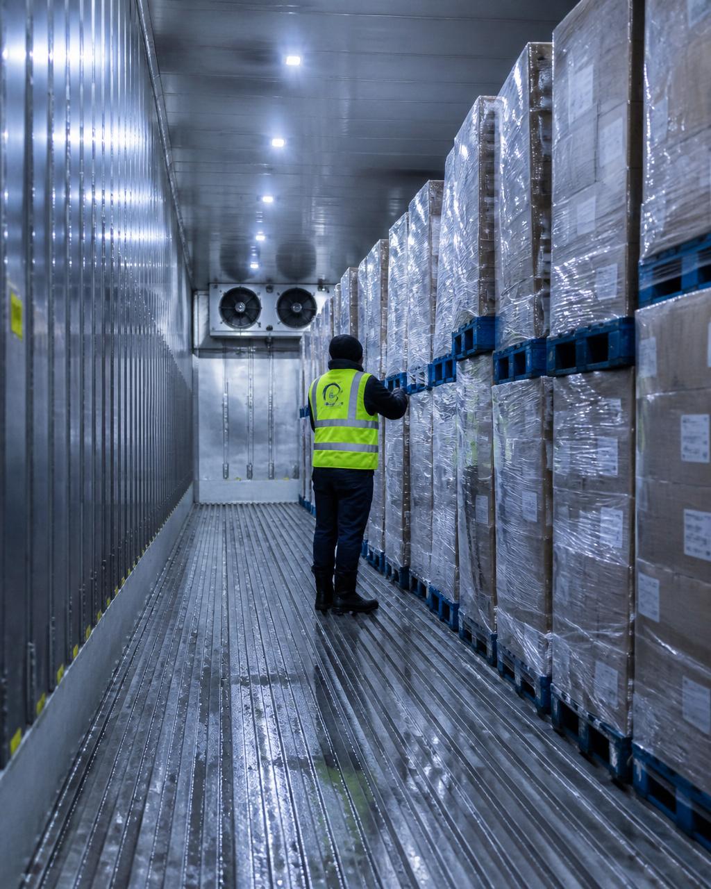 Interior of a refrigerated trailer with palletised freight