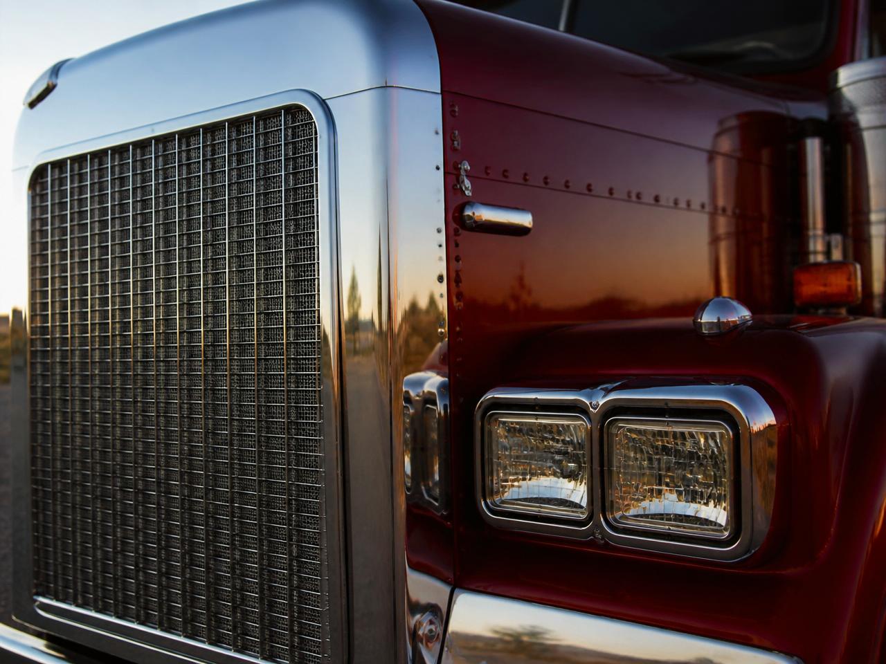 Chrome grille detail of a red conventional prime mover